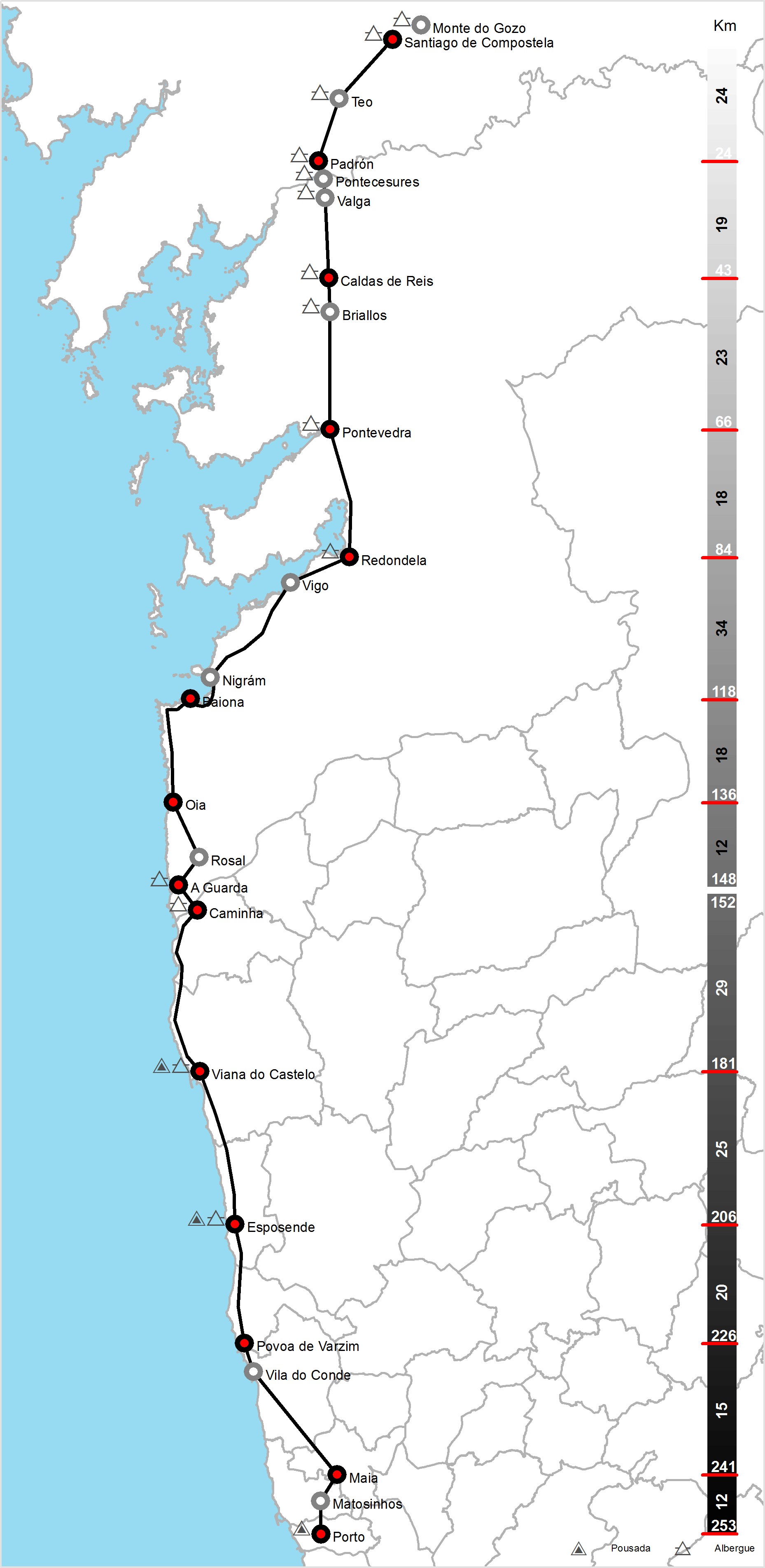 Camino de Santiago portugués por la costa, etapas y mapa